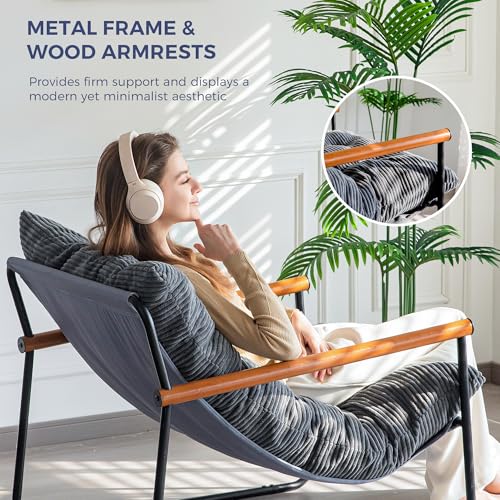Beige Upholstered Accent Chair with Wooden Armrest T2980