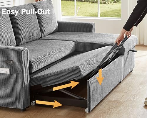 Corduroy Grey L Shaped Sleeper Sofa with Storage Chaise S222